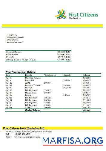 Downloadable Barbados first citizens bank statement word sample